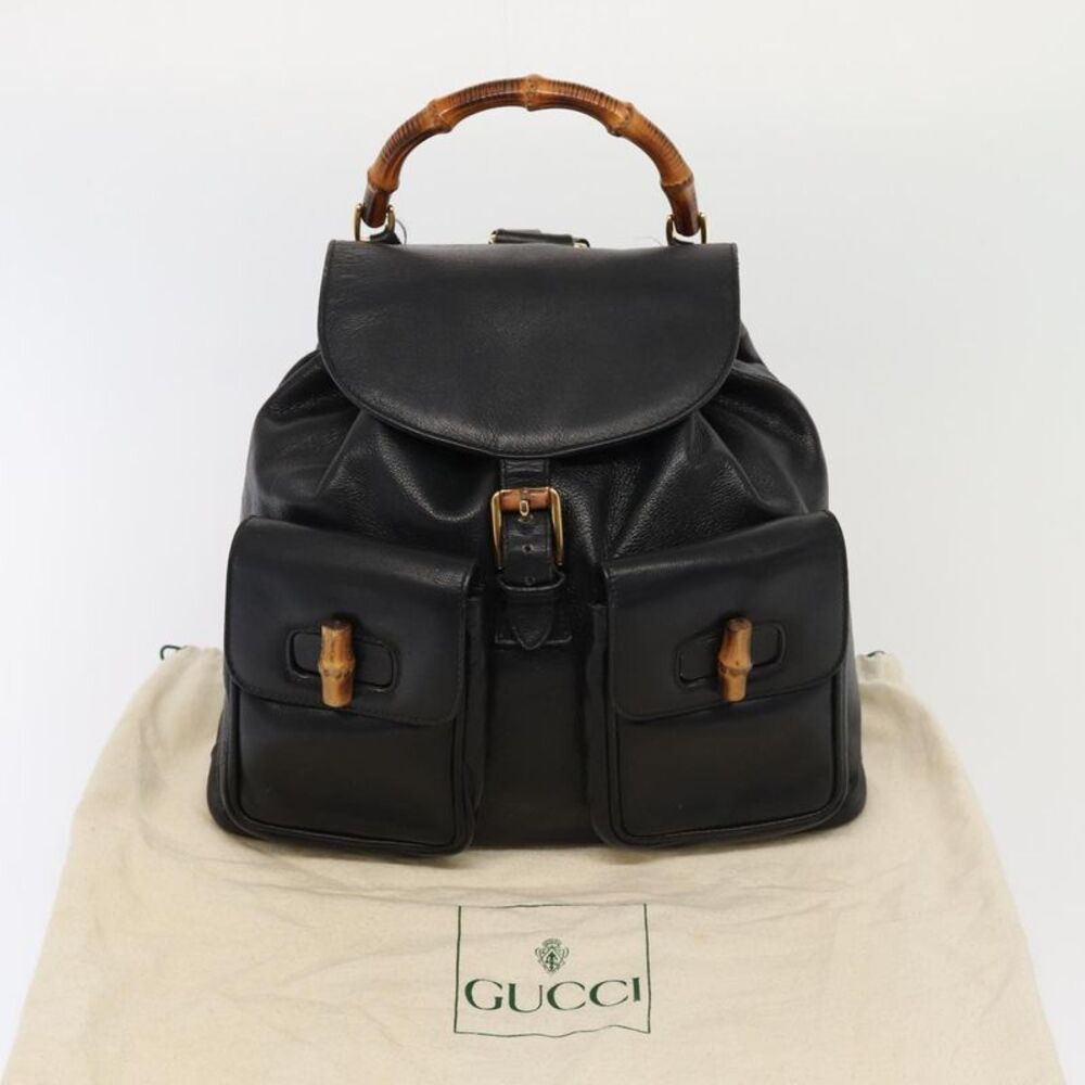 Gucci Vintage Bamboo Backpack Leather Black Leather Backpack Bag - Picture 14 of 16